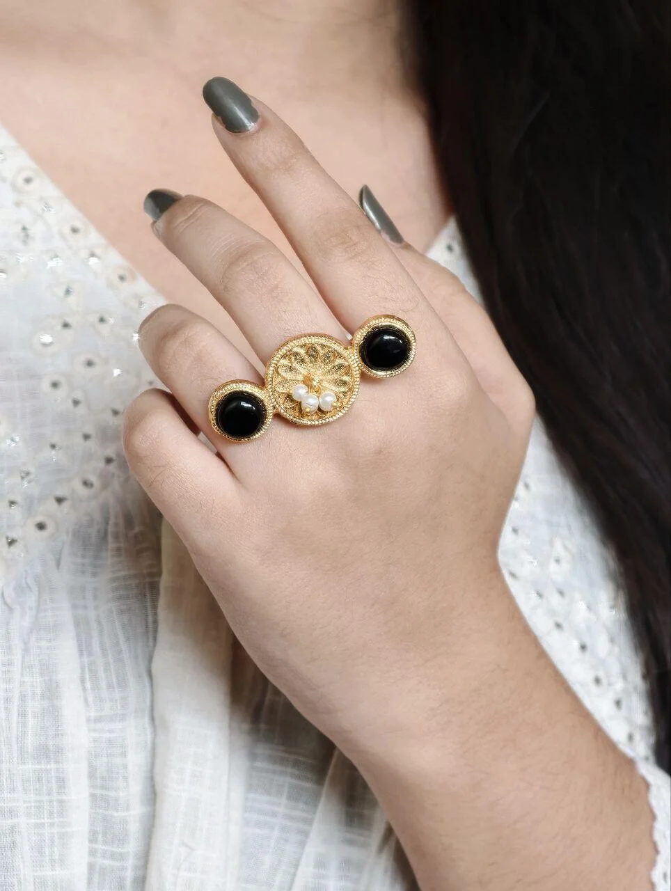 Gold Two Finger Ring with Pink Stones – view 2