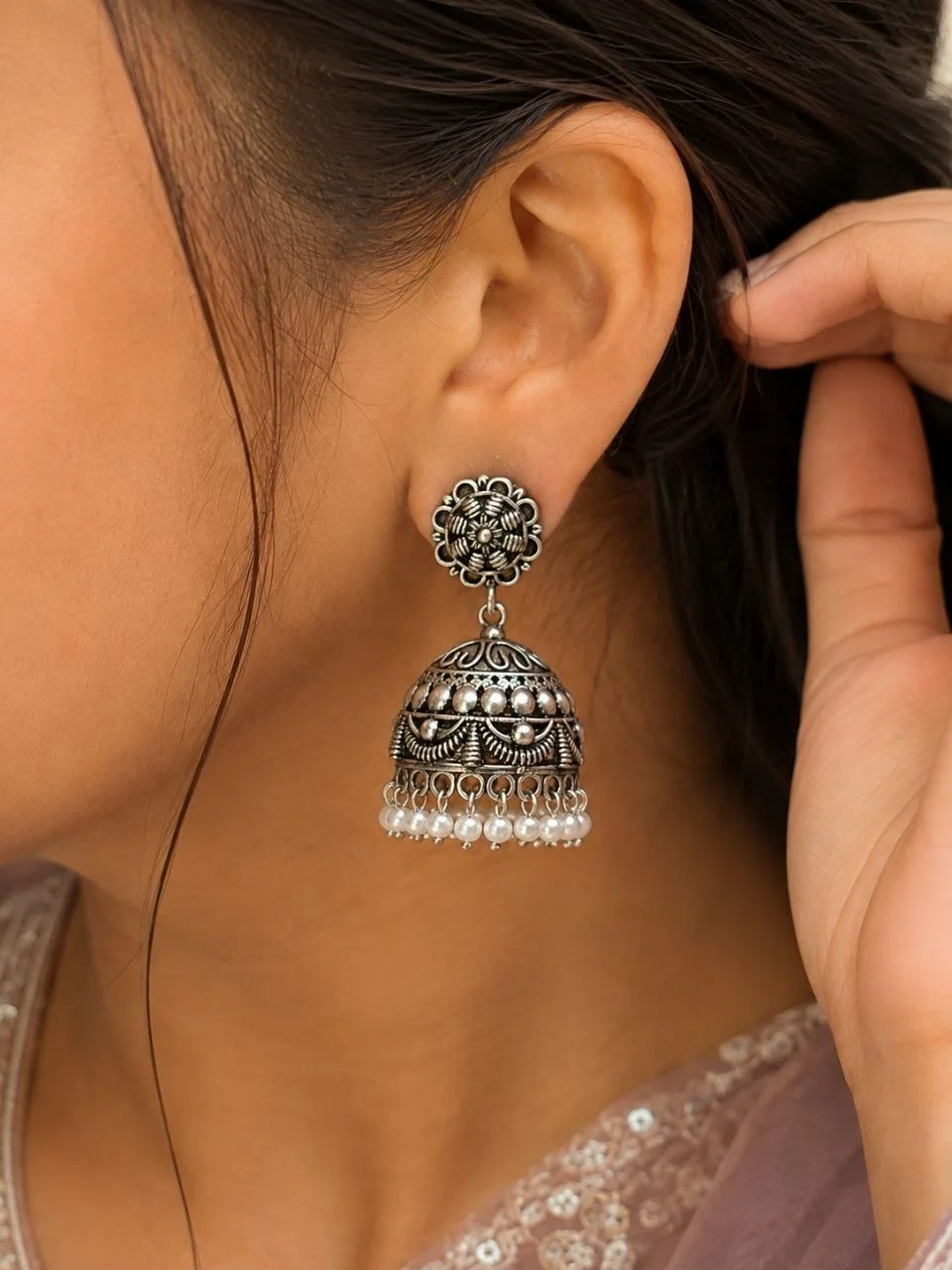 Oxidised Flower Stud Jhumka Earrings with Engraved Bell and Pearl Fringe