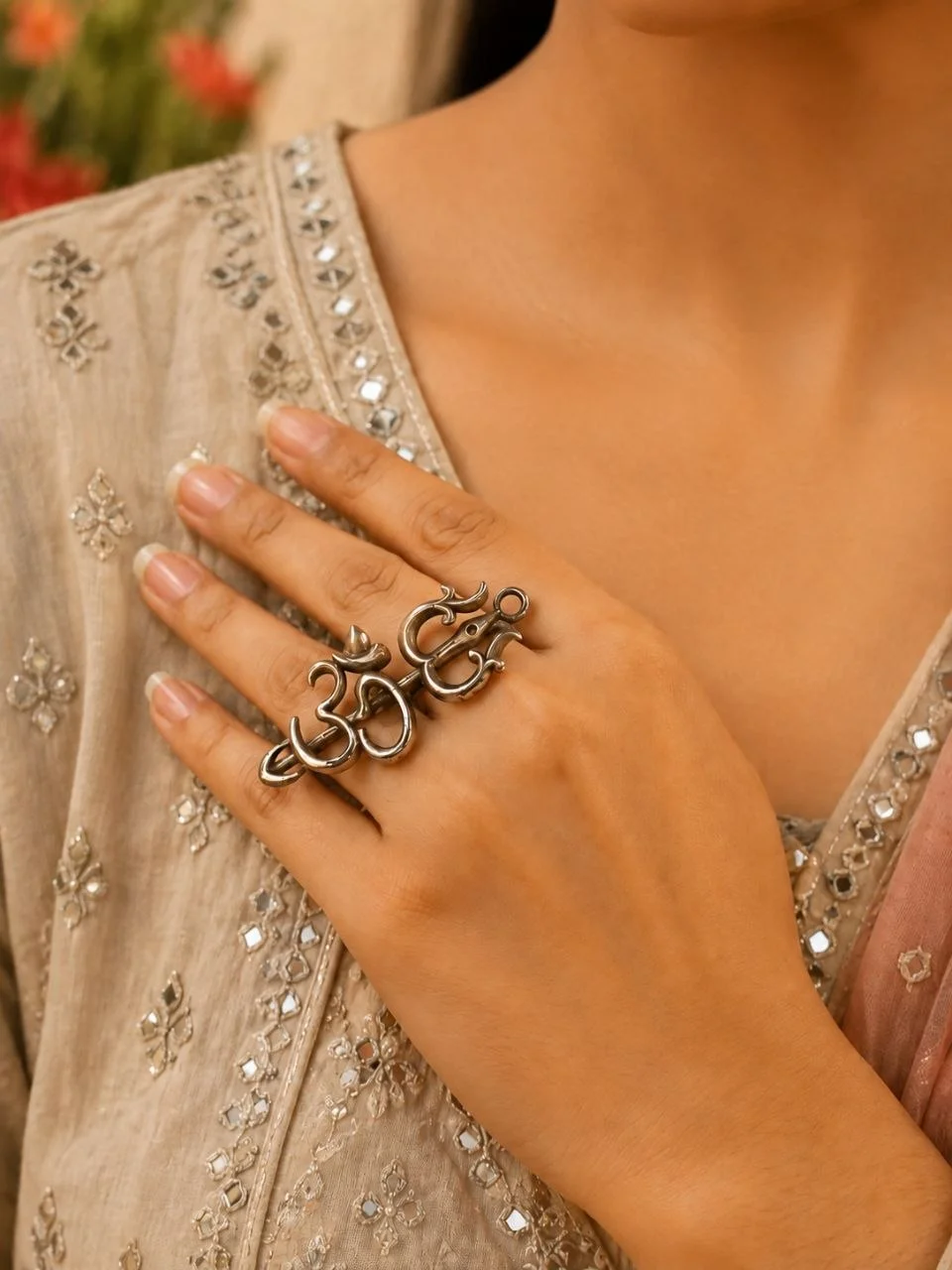 Om Trishul Ring — Oxidised Two Finger Ring