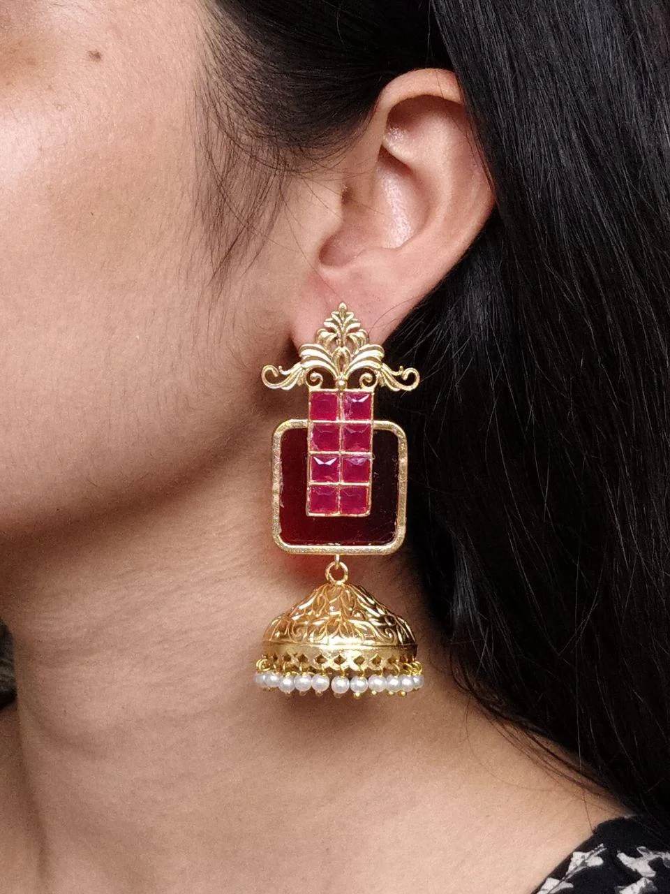 Ruby Panel Jhumka with Temple Crown