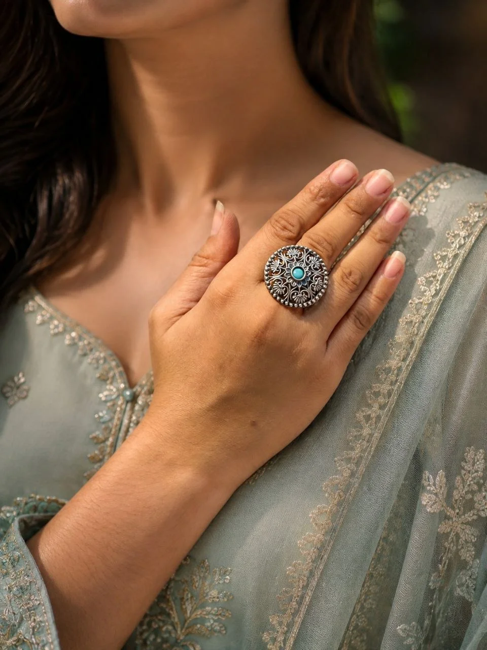 Oxidised Round Ring with Cabochon Centre
