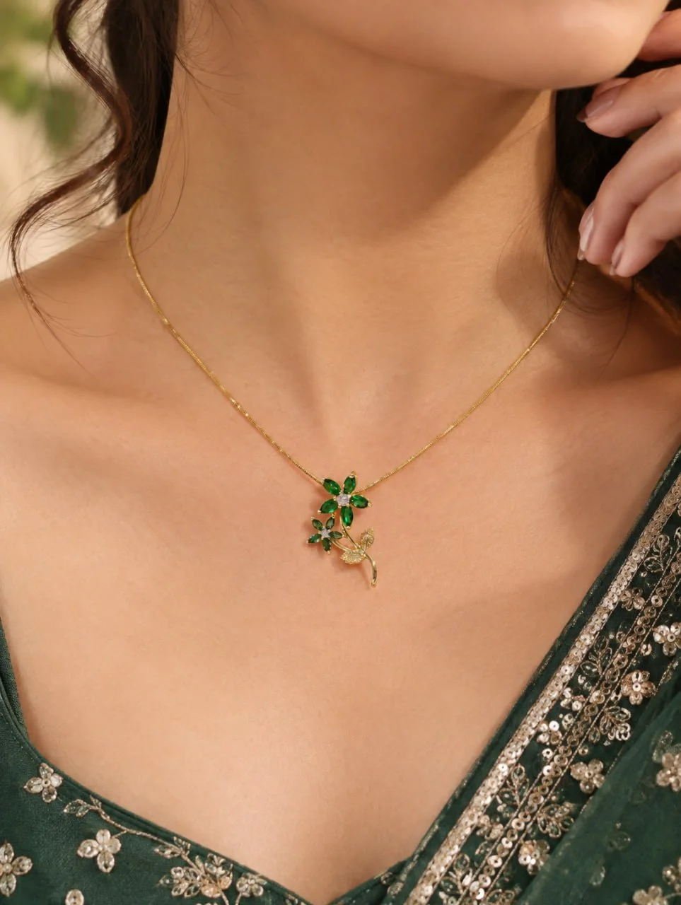 Anti Tarnish Green Floral Spray Pendant Necklace