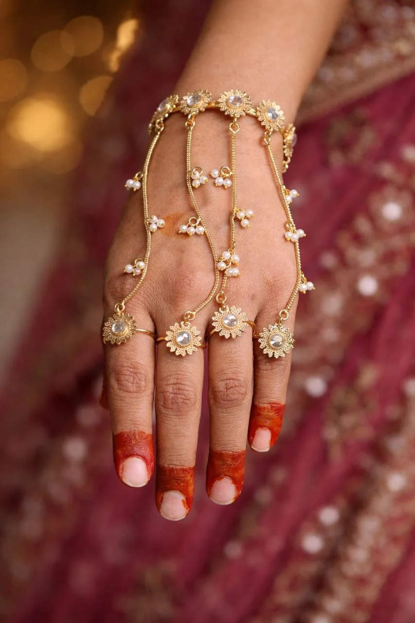 Gold Plated Pearl Floral Multi-Finger Hathphool – view 2