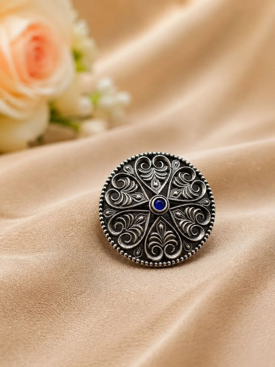Oxidised Filigree Mandala Ring with Red Stone – view 2