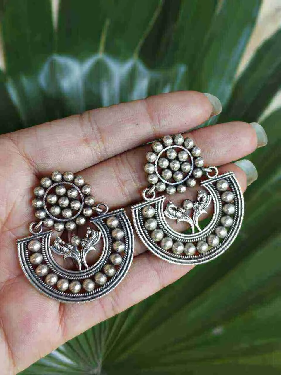 Oxidised Bead Dome Chandbali Earrings with Twin Birds – view 2