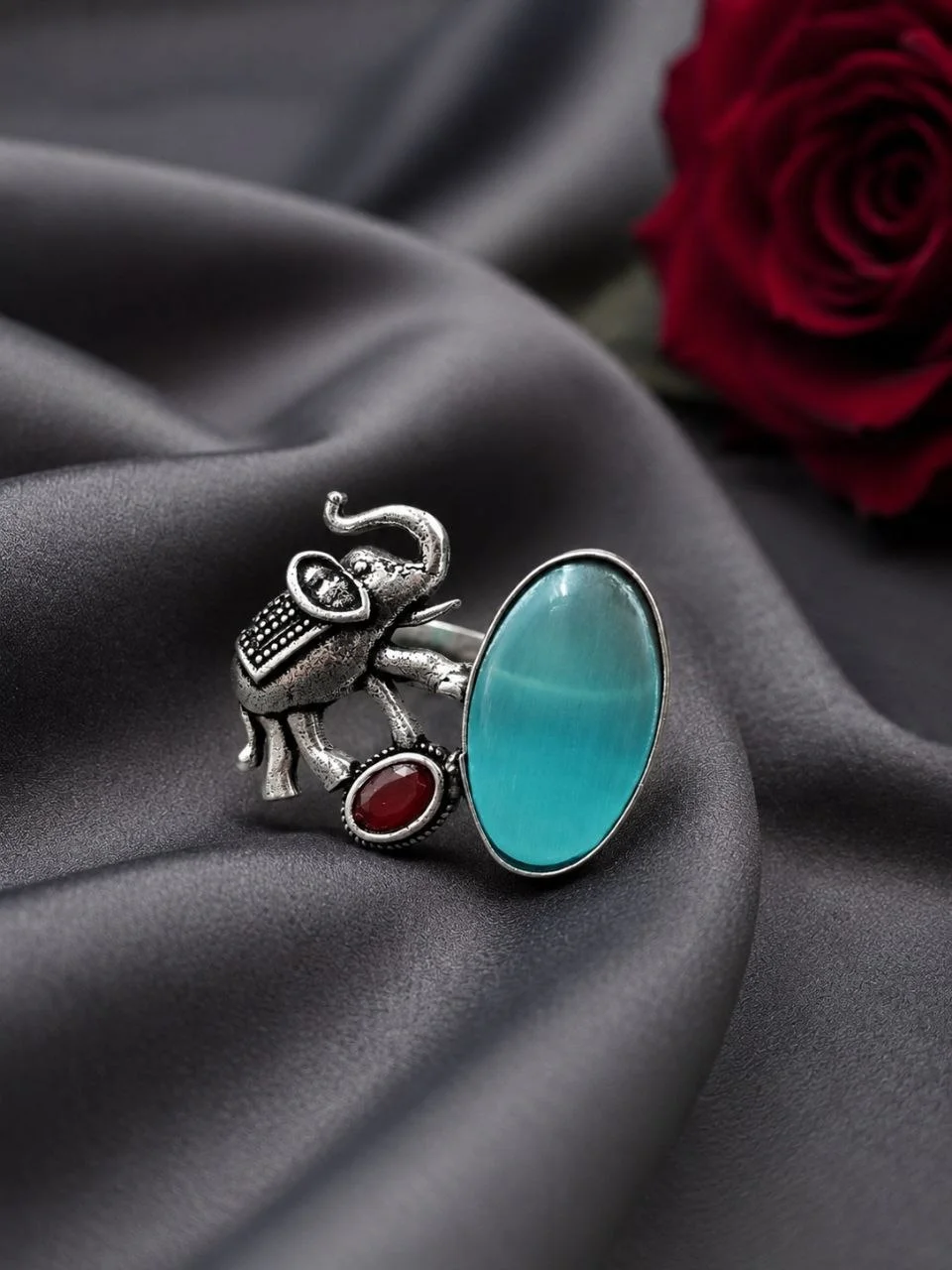 Oxidised Elephant Ring with Cabochon Stone – view 5