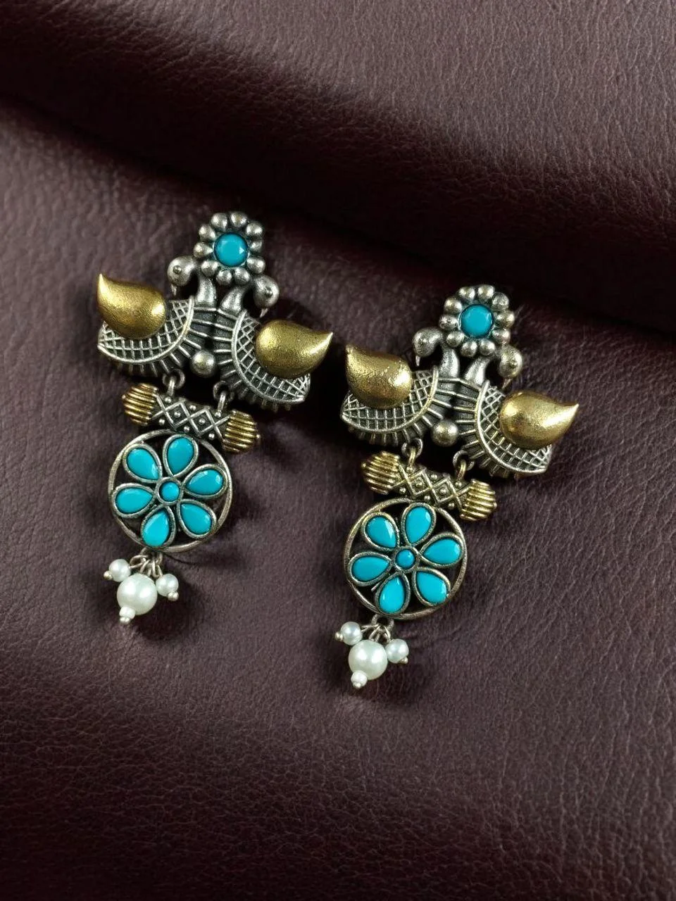 Two-Tone Twin Bird Earrings with Stone Flower Drop and Pearl