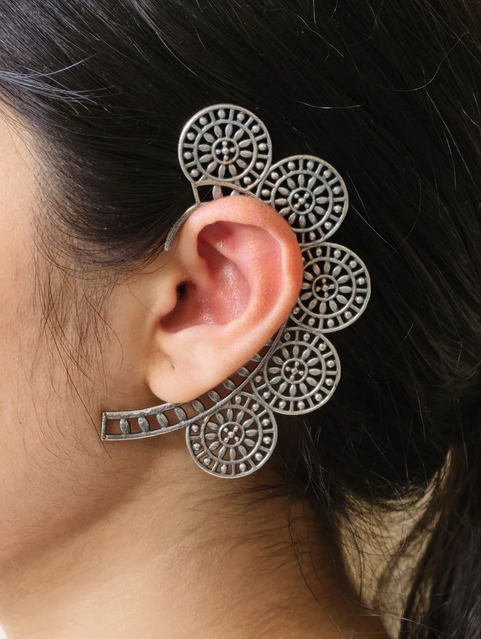 Oxidised Mandala Circle Ear Cuff, Non-Piercing – view 5
