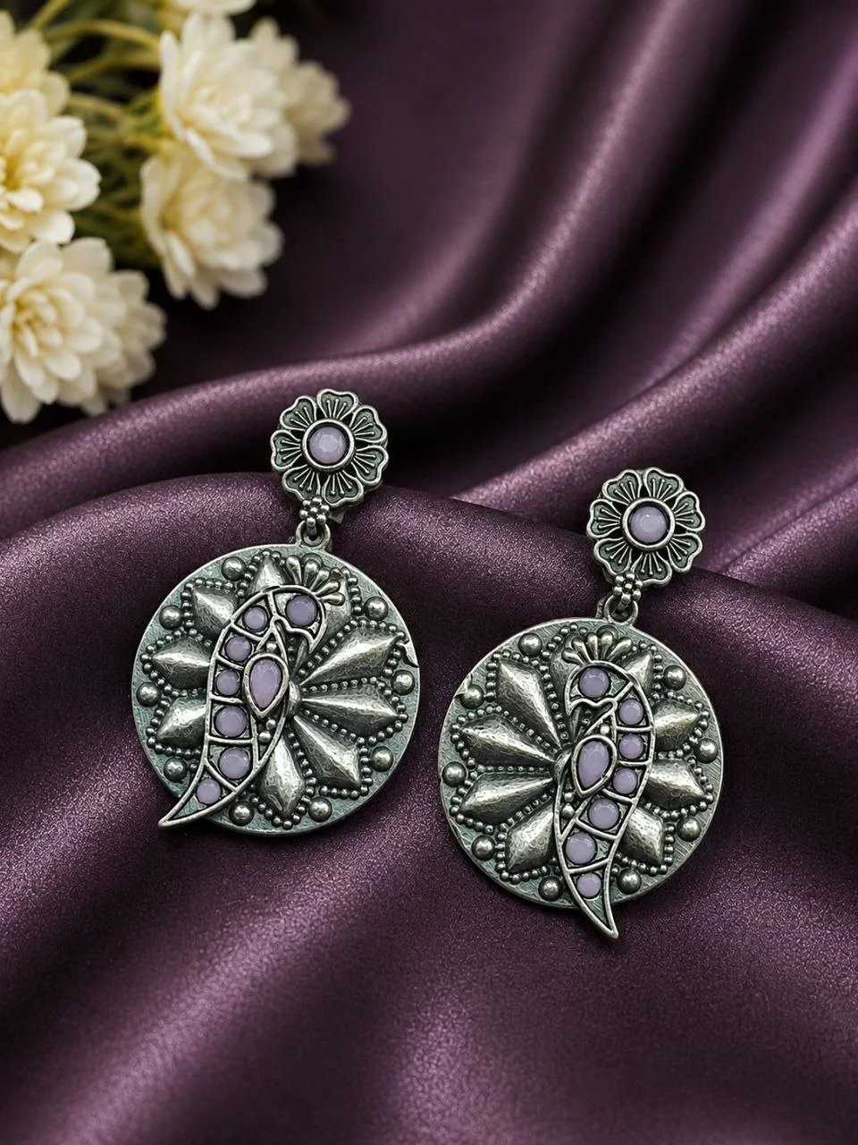 Oxidised Parrot Disc Drop Earrings with Stones and Floral Stud