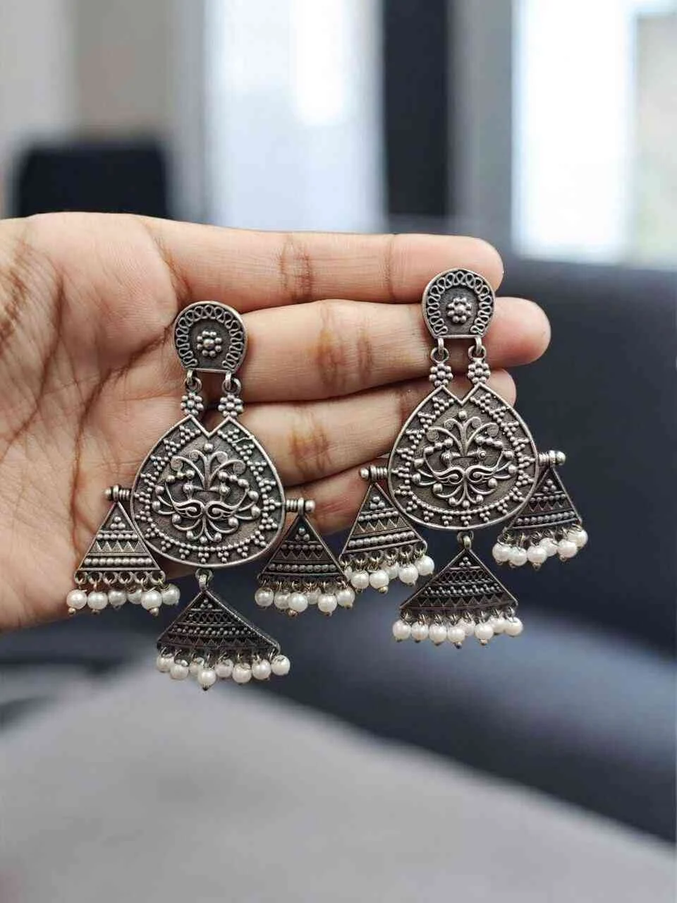 Oxidised Triangle Cone Dangler Earrings with Pearl Drops – view 4