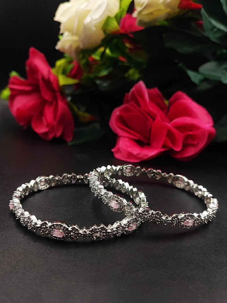 Silver Plated Multicolour Oval Stone Bangle Pair