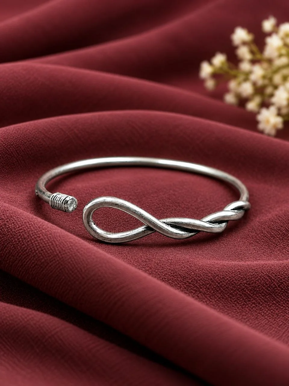 Silver Infinity Twist Open Cuff with Clear Stone Screw-Cap End – view 2