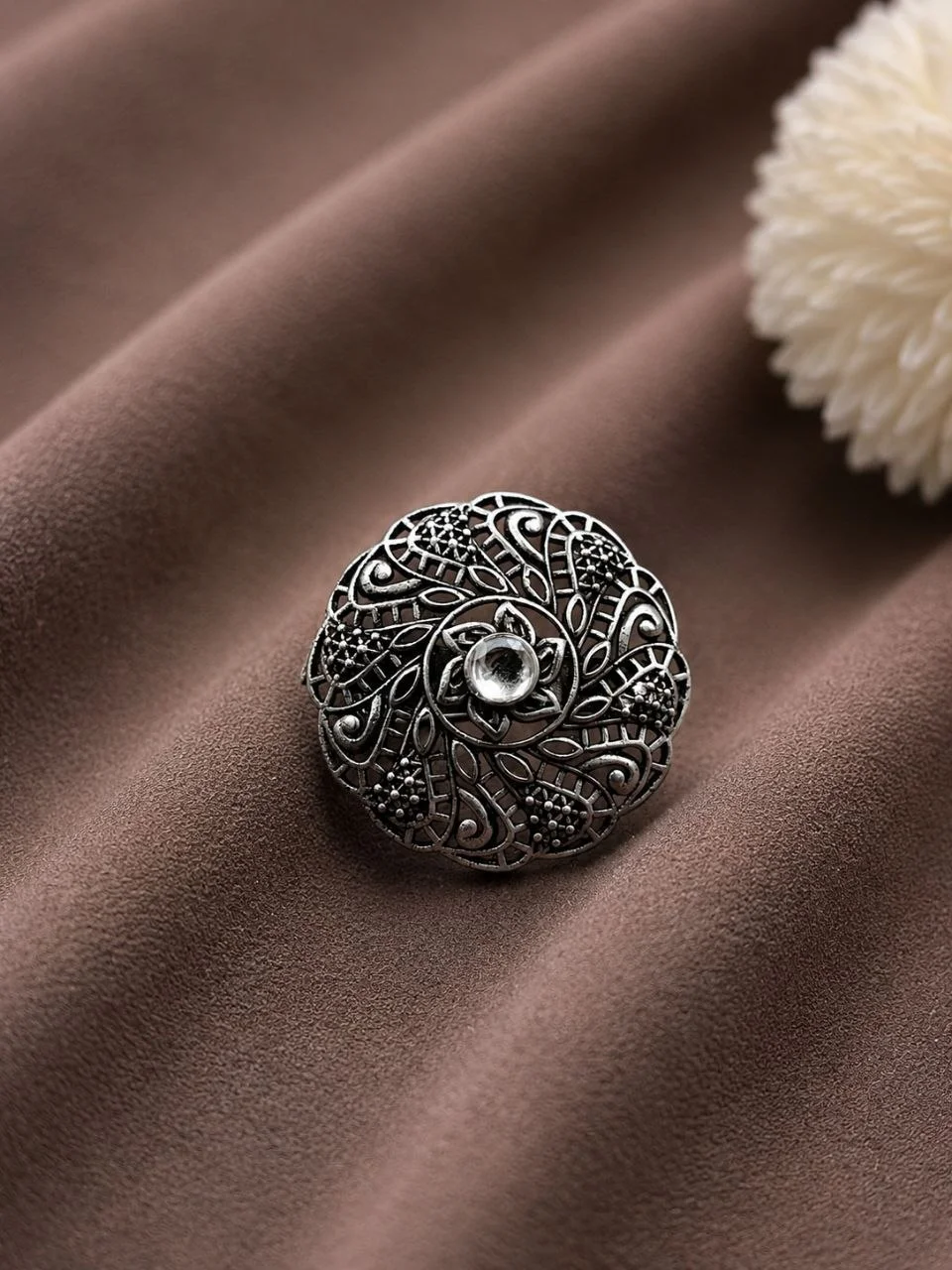 Oxidised Swirl Ring with Red Stone – view 3