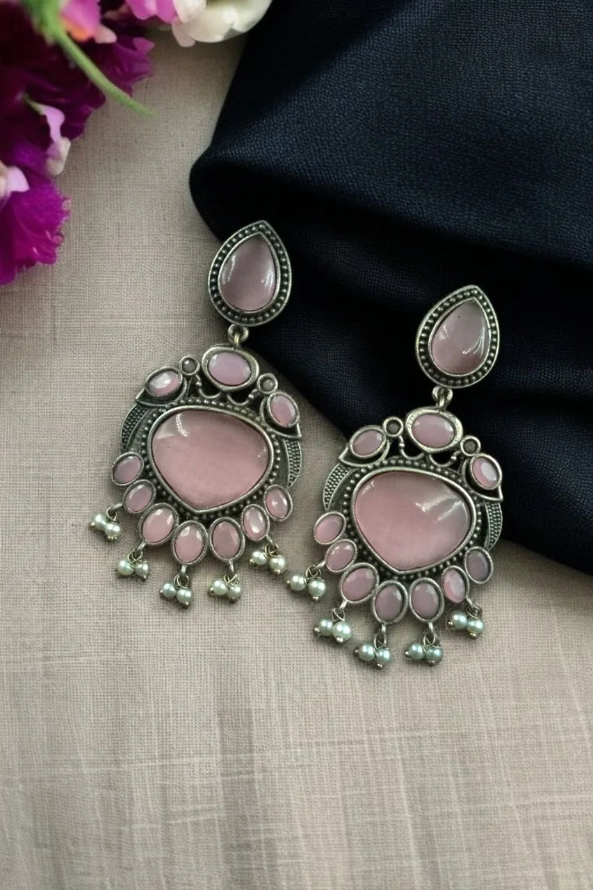 Oxidised Twin Bird Heart Stone Earrings with Ghungroo Drops