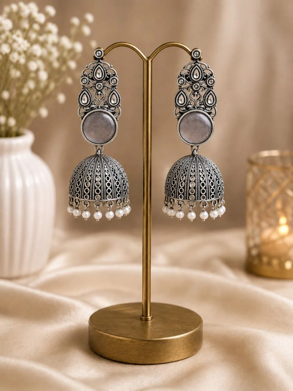 Oxidised Statement Jhumka Earrings with Teardrop Top and Round Stone