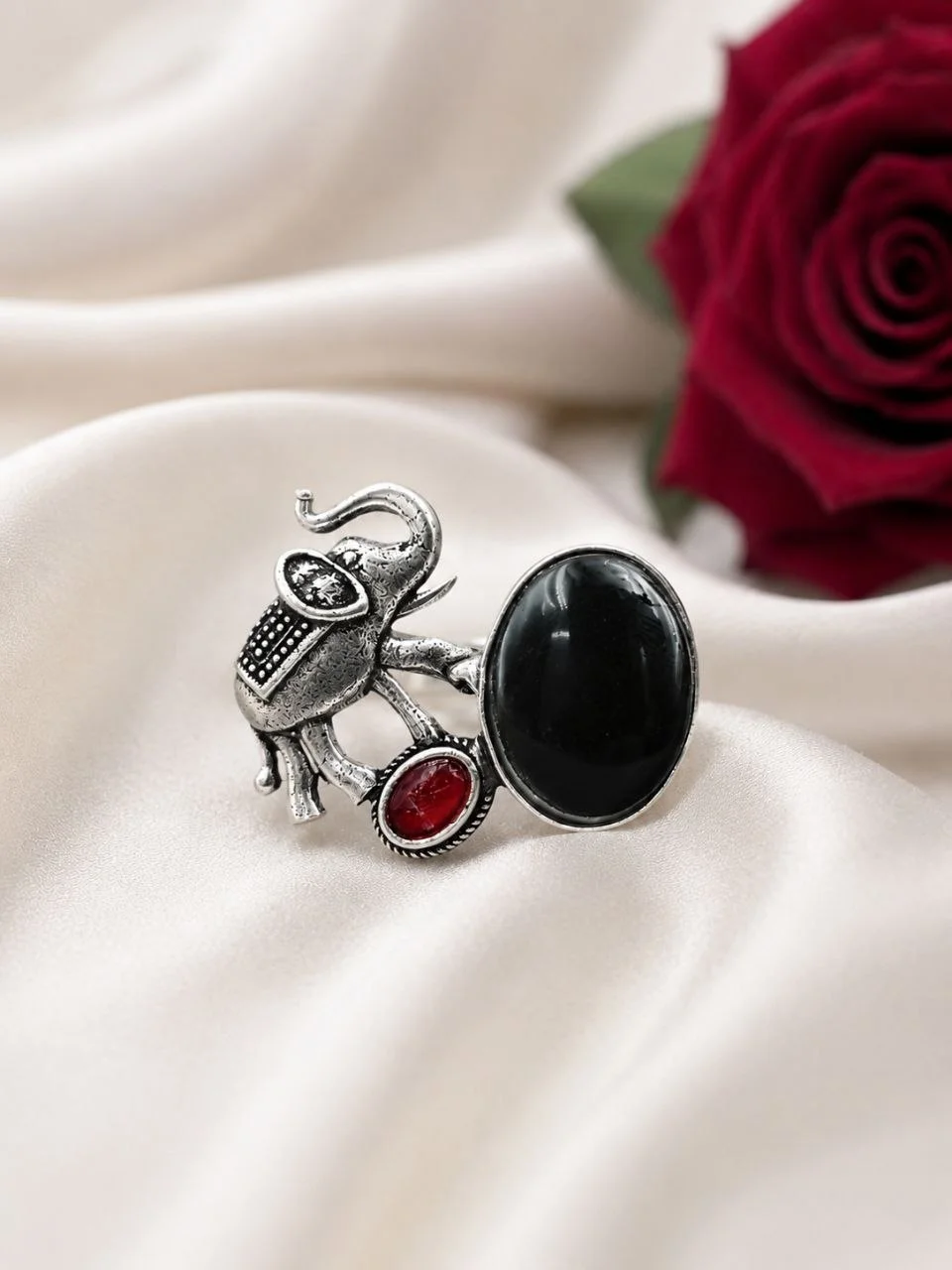 Oxidised Elephant Ring with Cabochon Stone – view 4