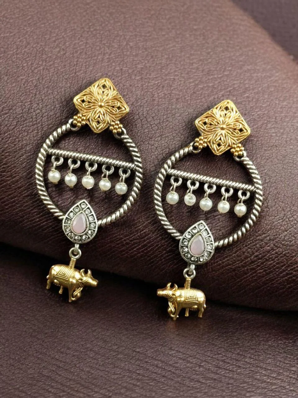 Two-Tone Nandi Hoop Dangler Earrings with Pear Stone and Pearls