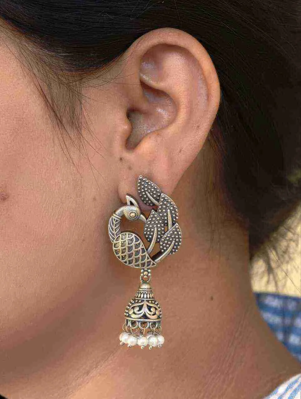 Oxidised Peacock Feather Jhumka Earrings with Cut-Work Bell – view 3