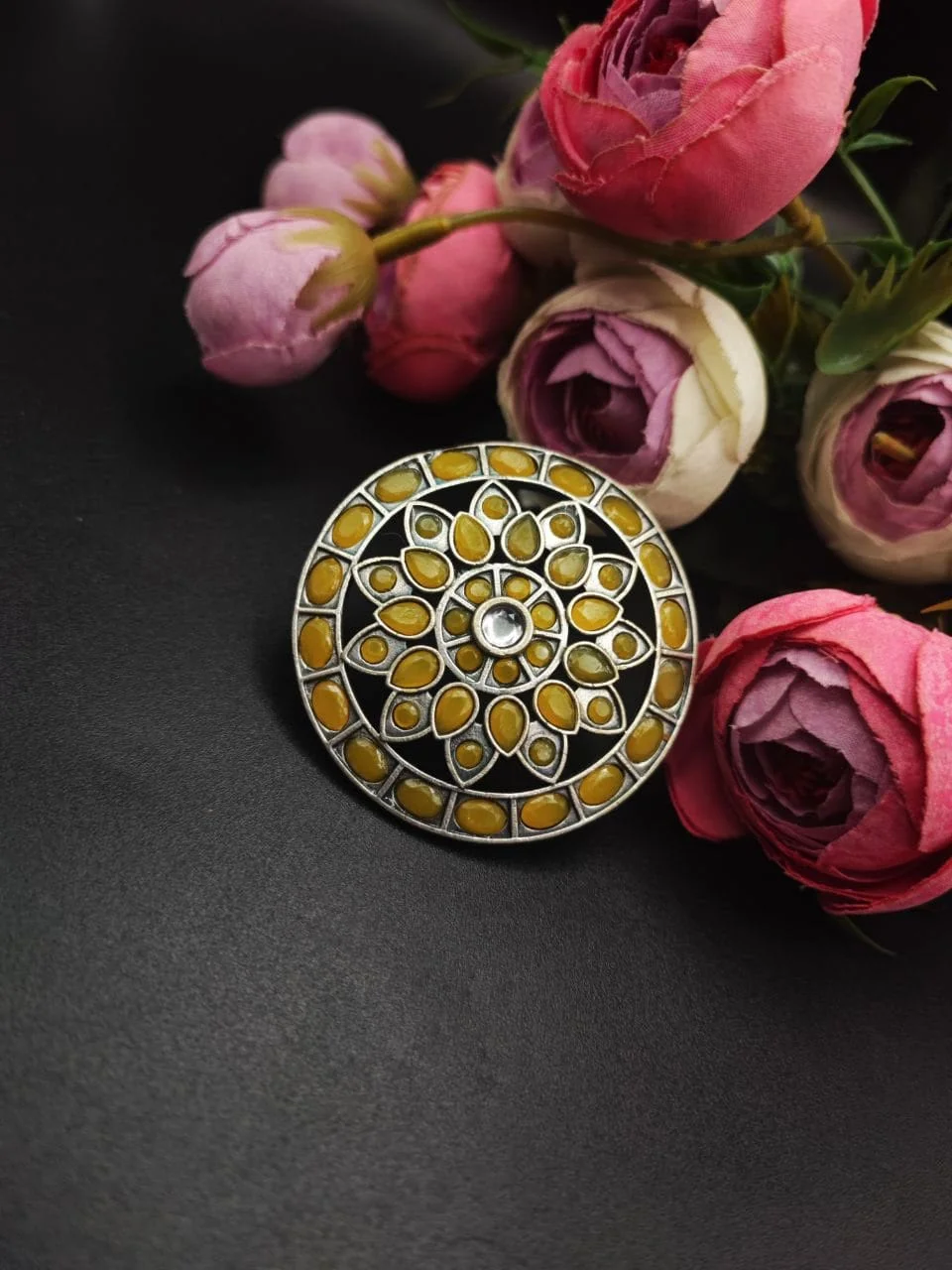 Oxidised Mandala Ring with Stone Cluster – view 2