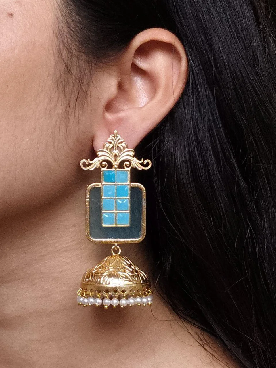 Ruby Panel Jhumka with Temple Crown – view 3