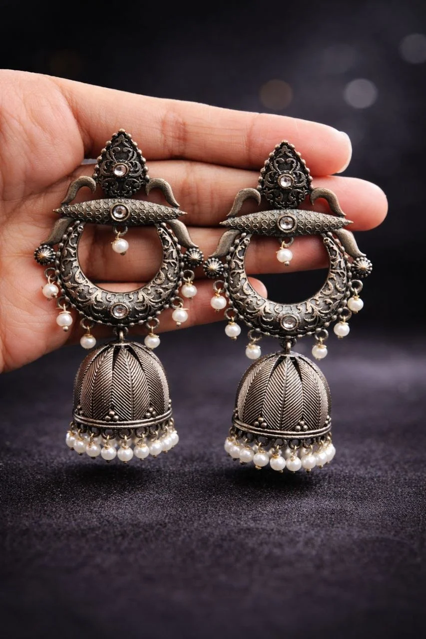 Oxidised Chandbali Jhumka Earrings with Crest Top and Pearl Drops