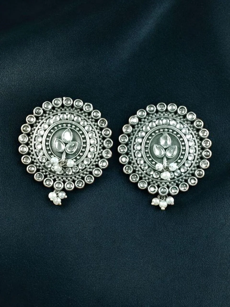 Oxidised Round Stone Cluster Stud Earrings with Pearl Drop