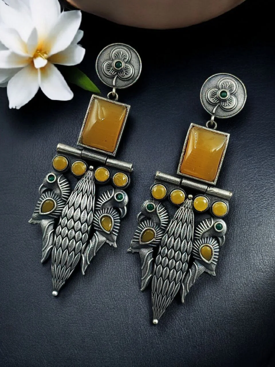 Oxidised Peacock Feather Long Earrings with Rectangular Stone