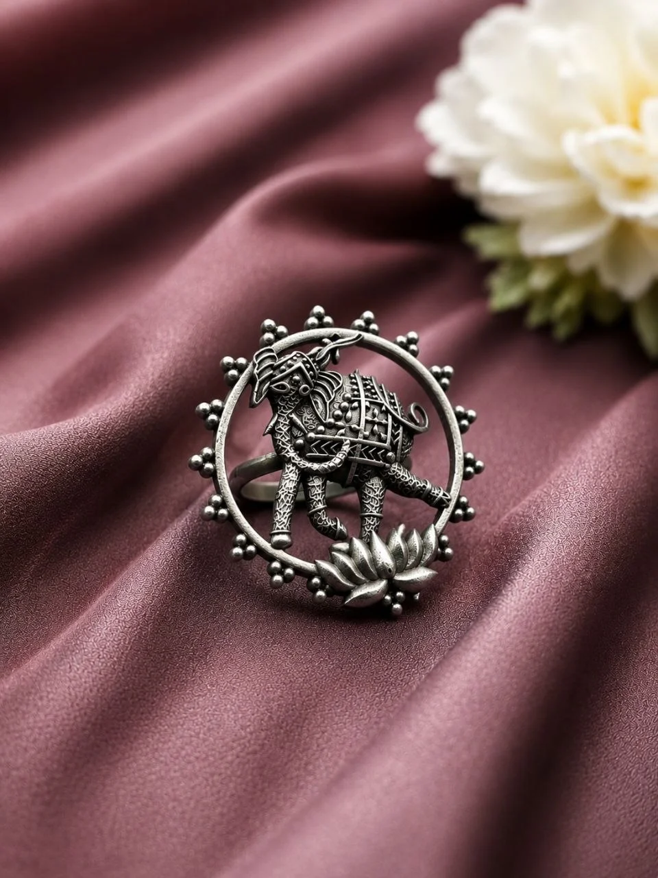Oxidised Elephant Ring with Lotus in Beaded Frame – view 3