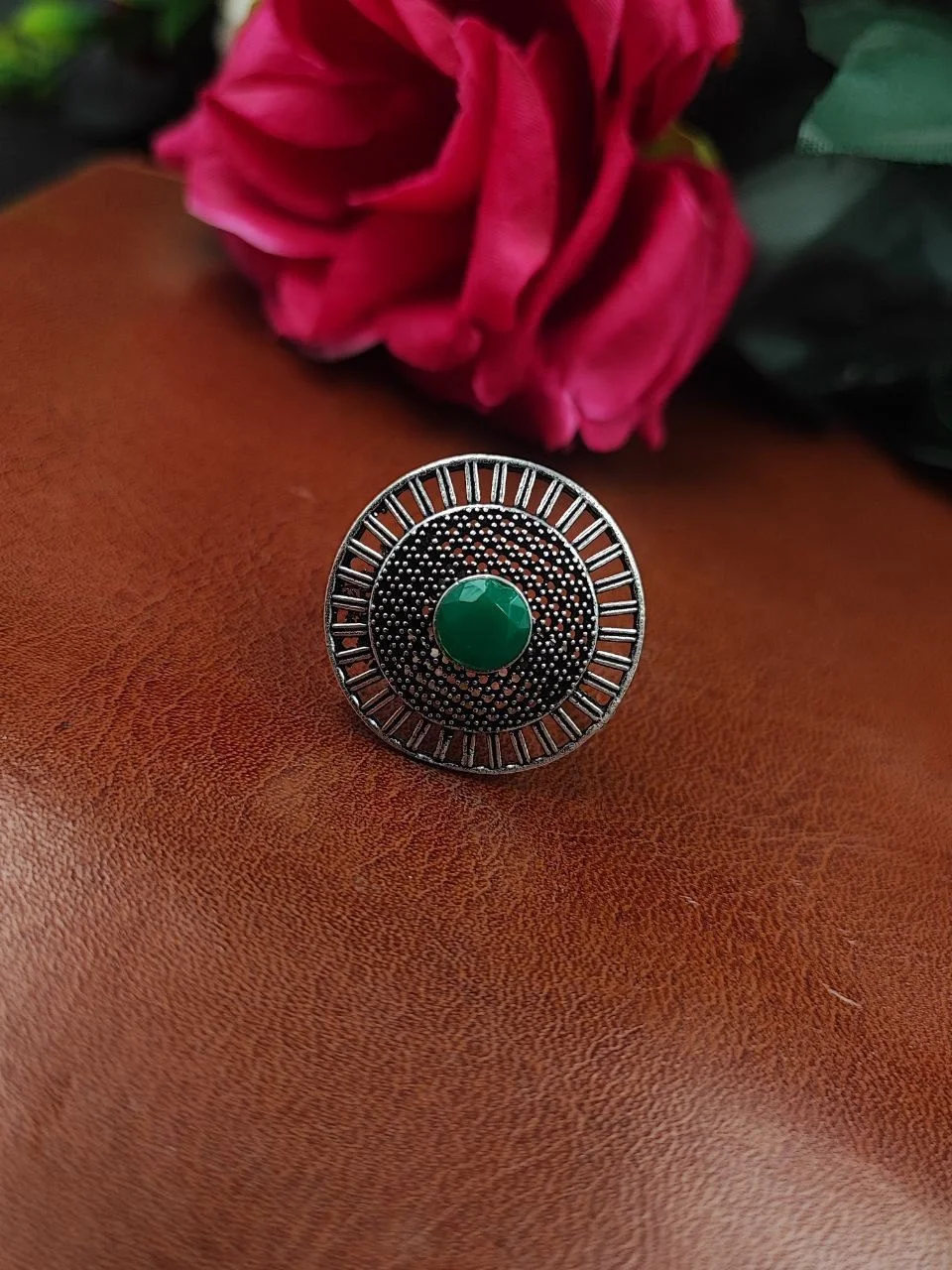 Oxidised Ring with Green Stone – view 2