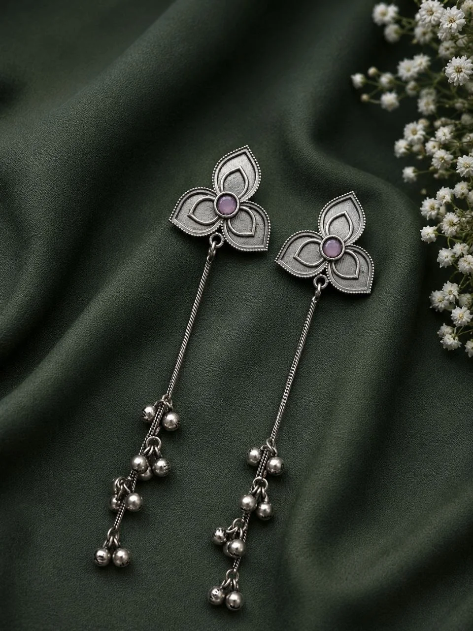 Oxidised Trefoil Lotus Stud with Long Chain and Ghungroo Bead Drops