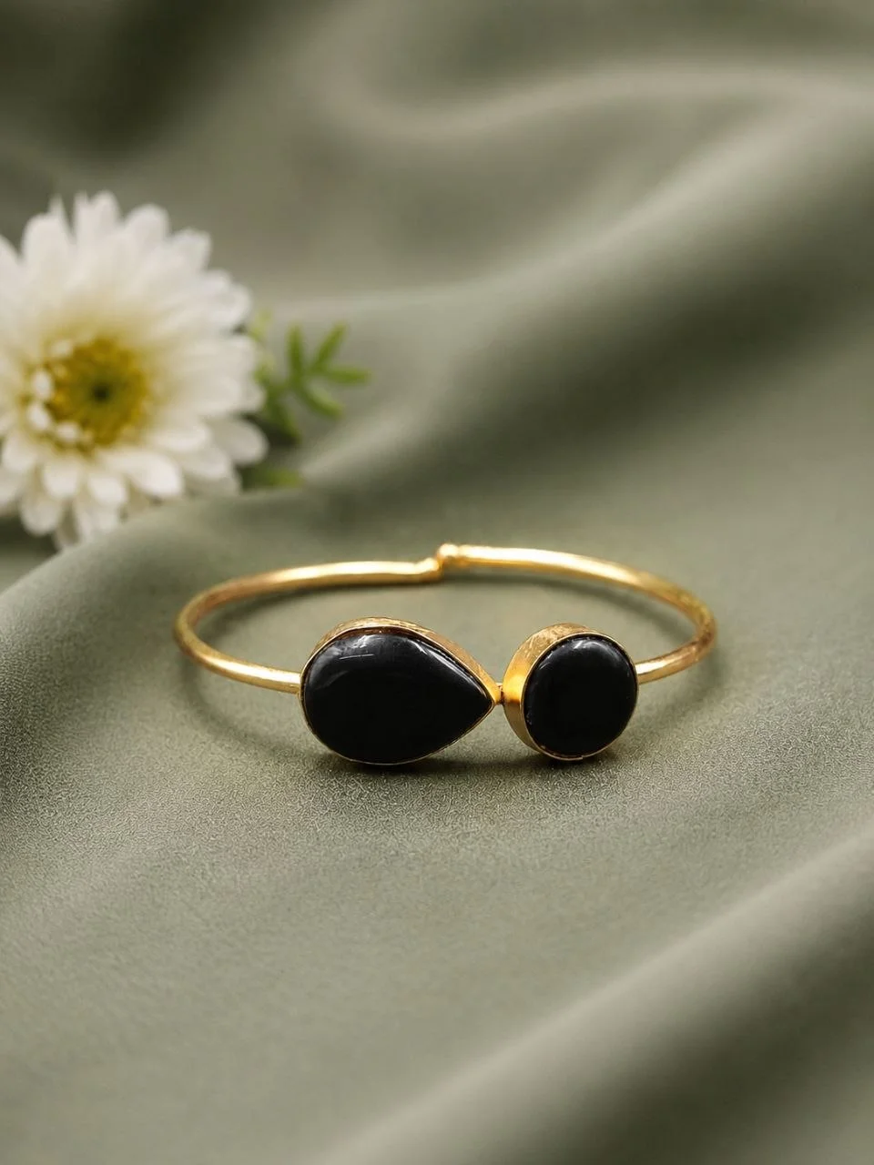 Gold Plated Black Onyx Twin-Cabochon Cuff Bracelet
