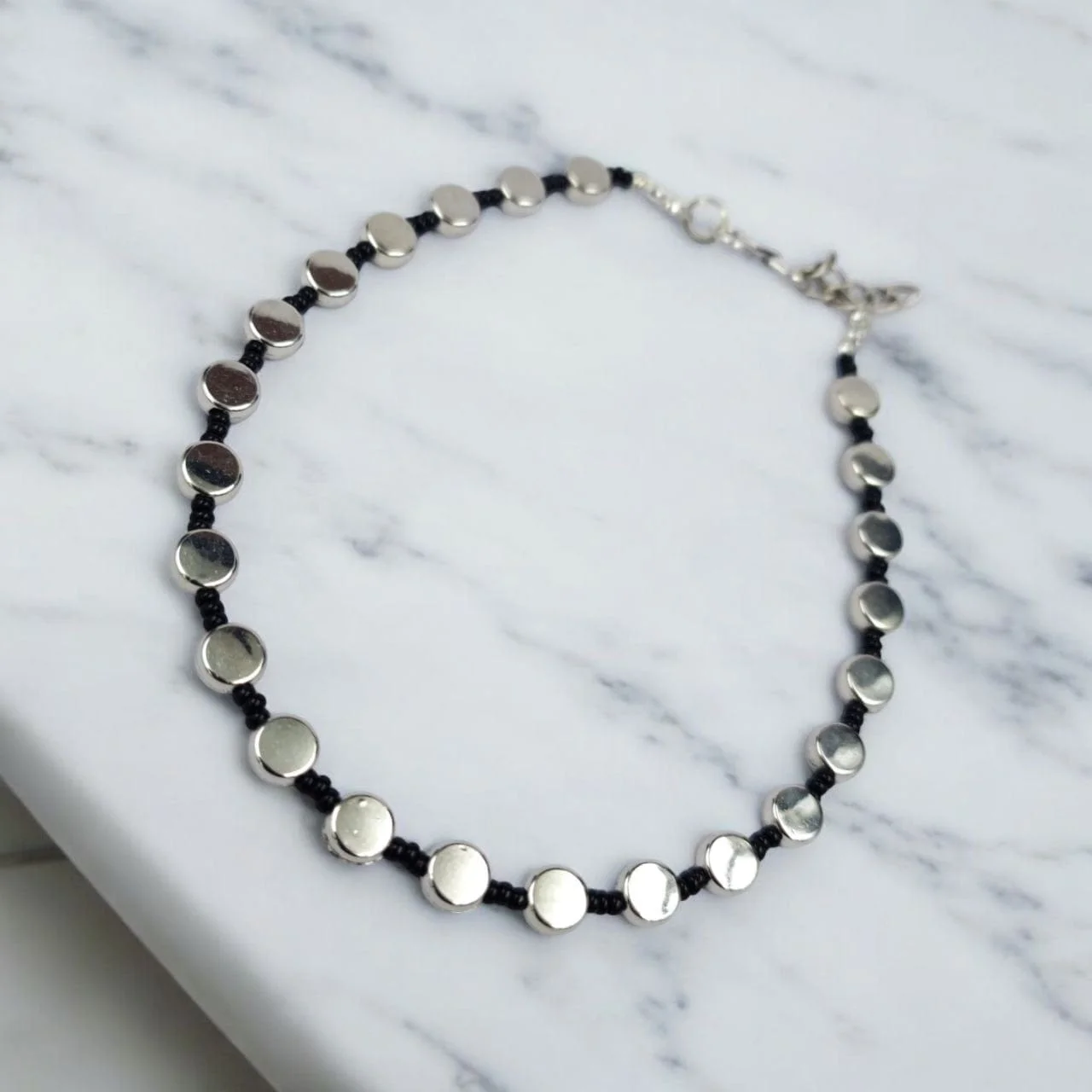 Silver Disc Bead Black Thread Anklet with Lobster Clasp