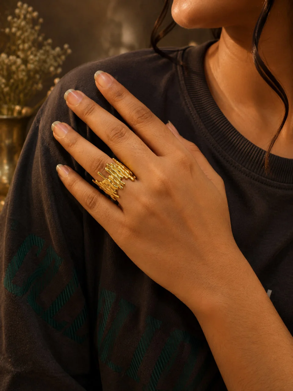 Anti-Tarnish Coral Branch Textured Statement Ring