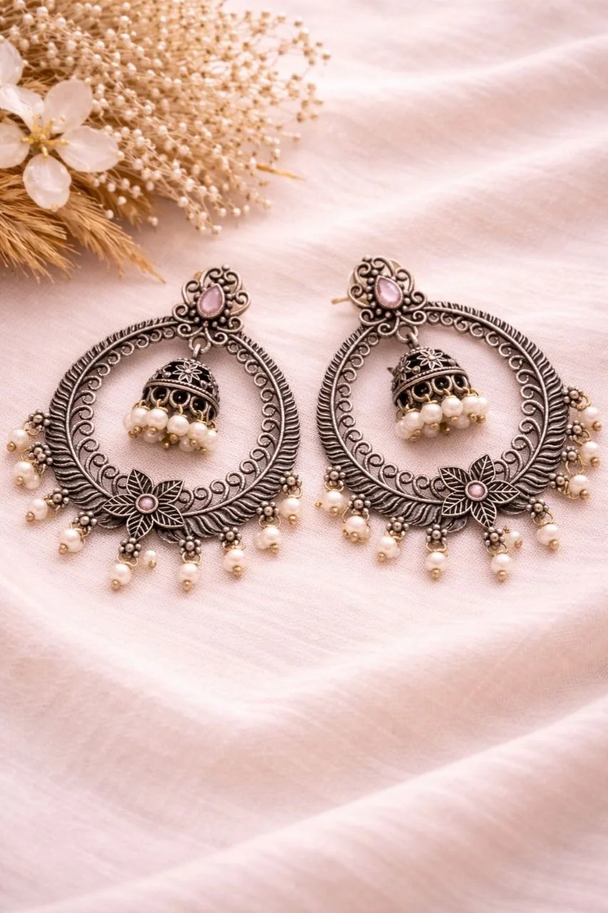 Oxidised Hoop Chandbali Earrings with Hanging Jhumki and Pearl Fringe