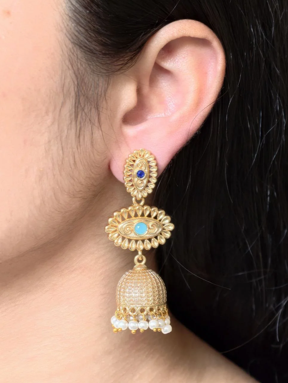 Turquoise Rosette Three Tier Jhumka – view 3