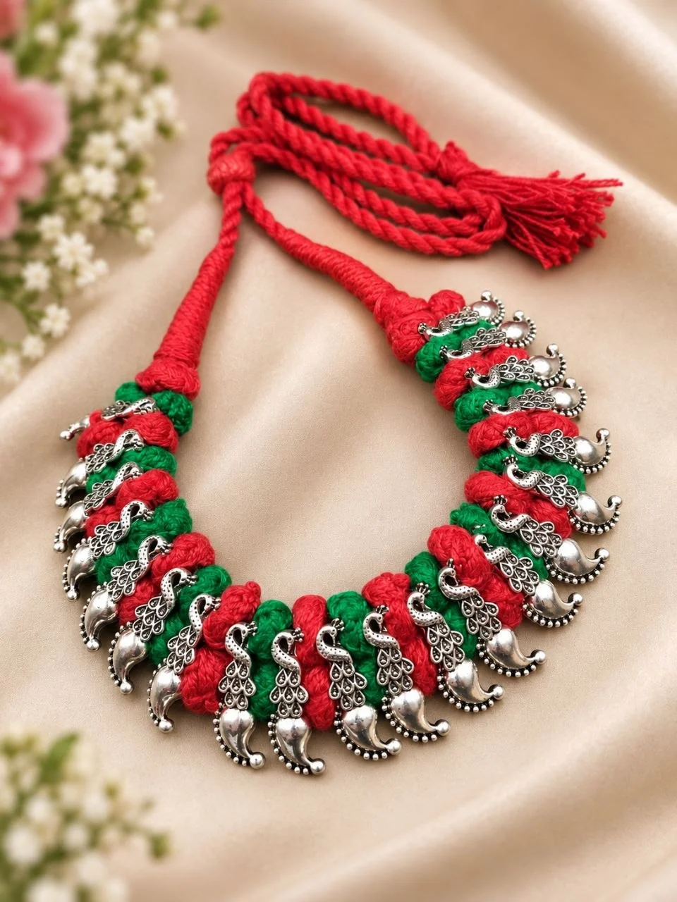 Oxidised Peacock Thread Necklace for Women