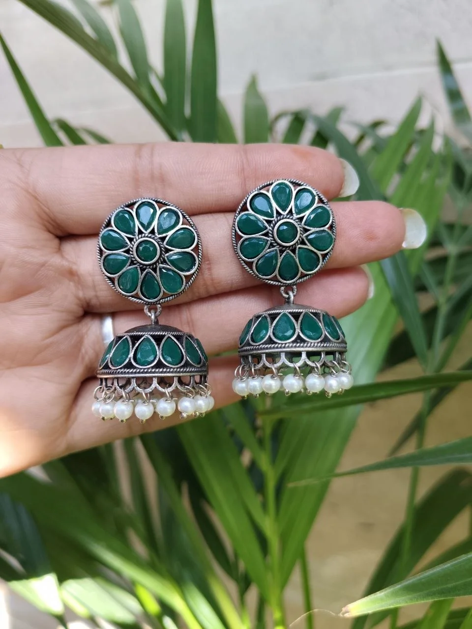 Oxidised Stone Flower Jhumka Earrings with Teardrop Stone Band