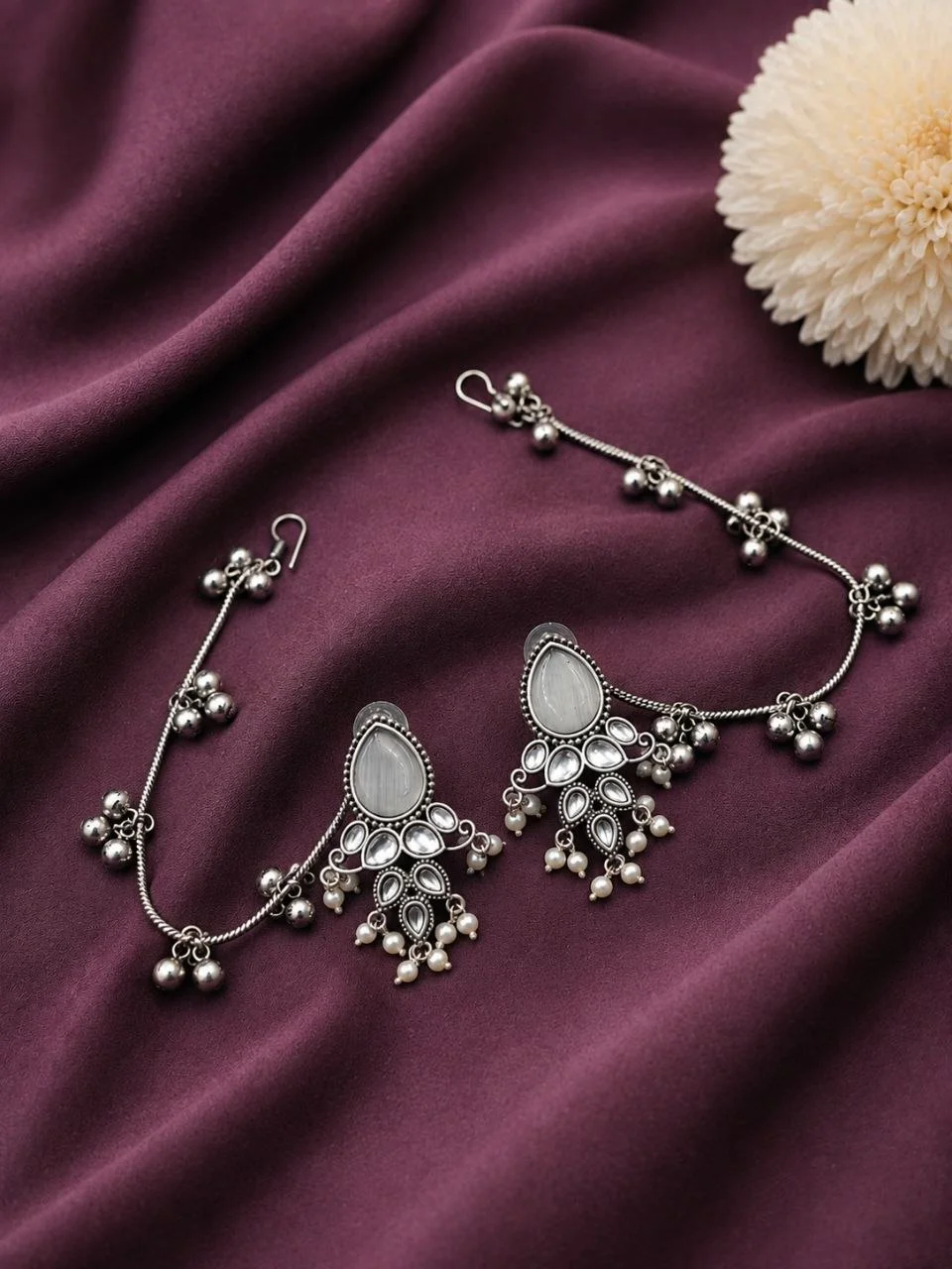 Oxidised Mirror Stone Earrings with Ear Chain and Ghungroo Bells