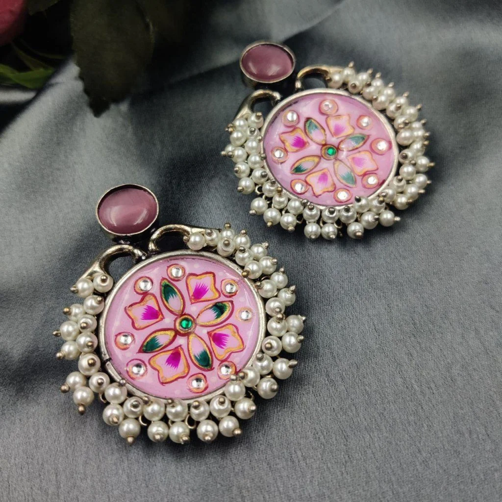 Hand-Painted Miniature Art Disc Earrings with Pearl Frame – view 3