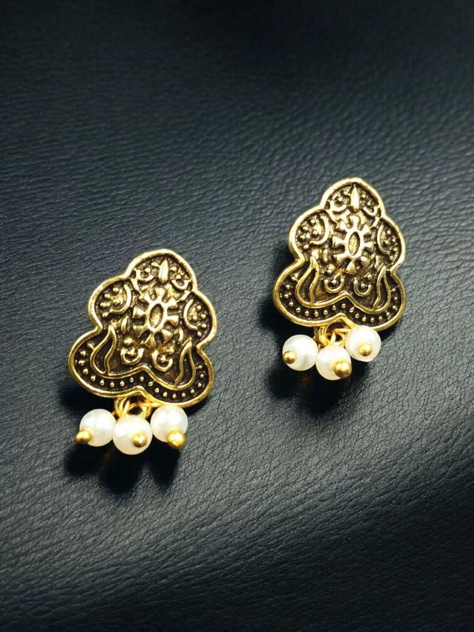 Textured Leaf Cluster Stud Earrings – view 3