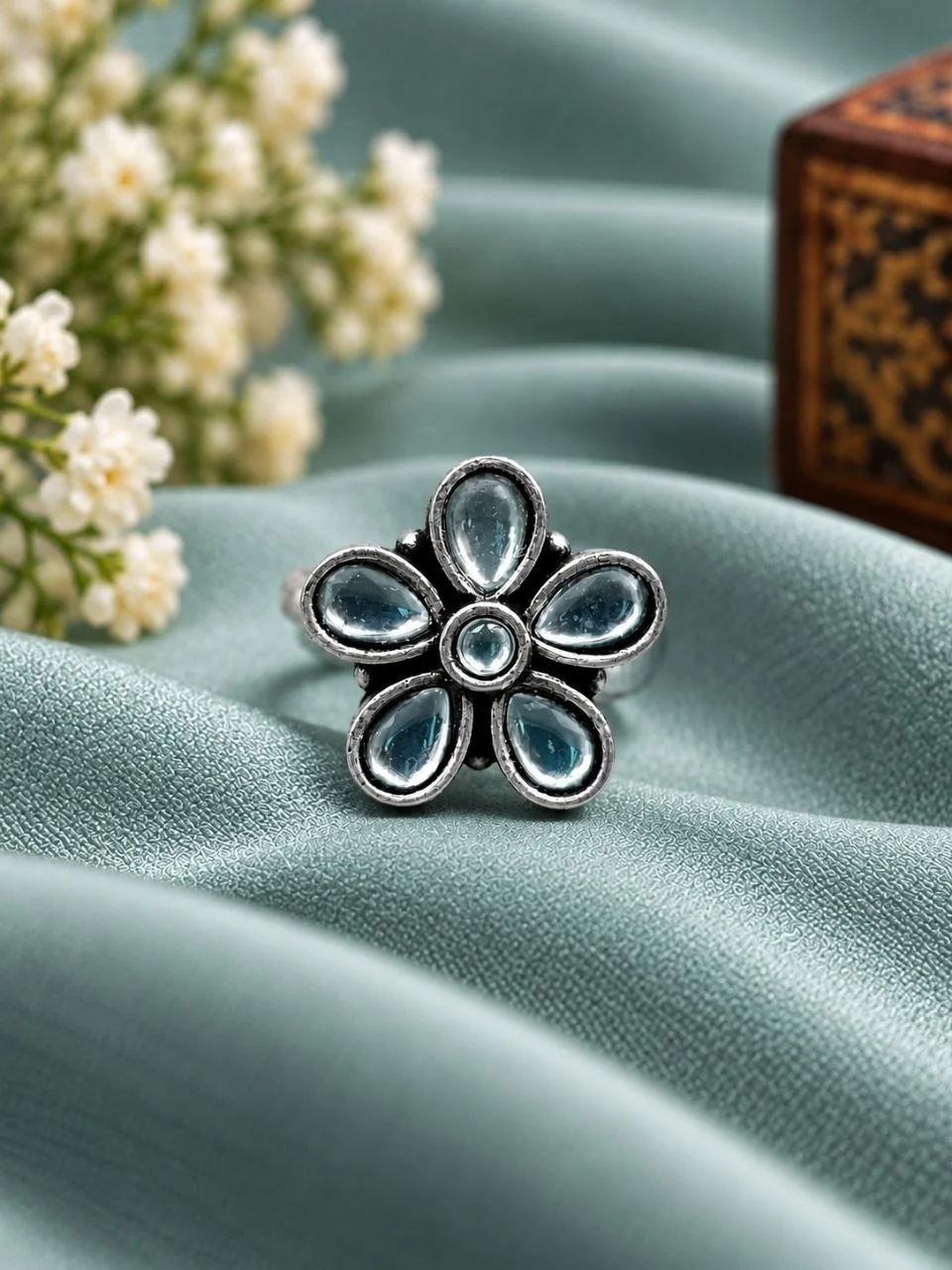 Small Oxidised Flower Ring with Black Stones – view 5