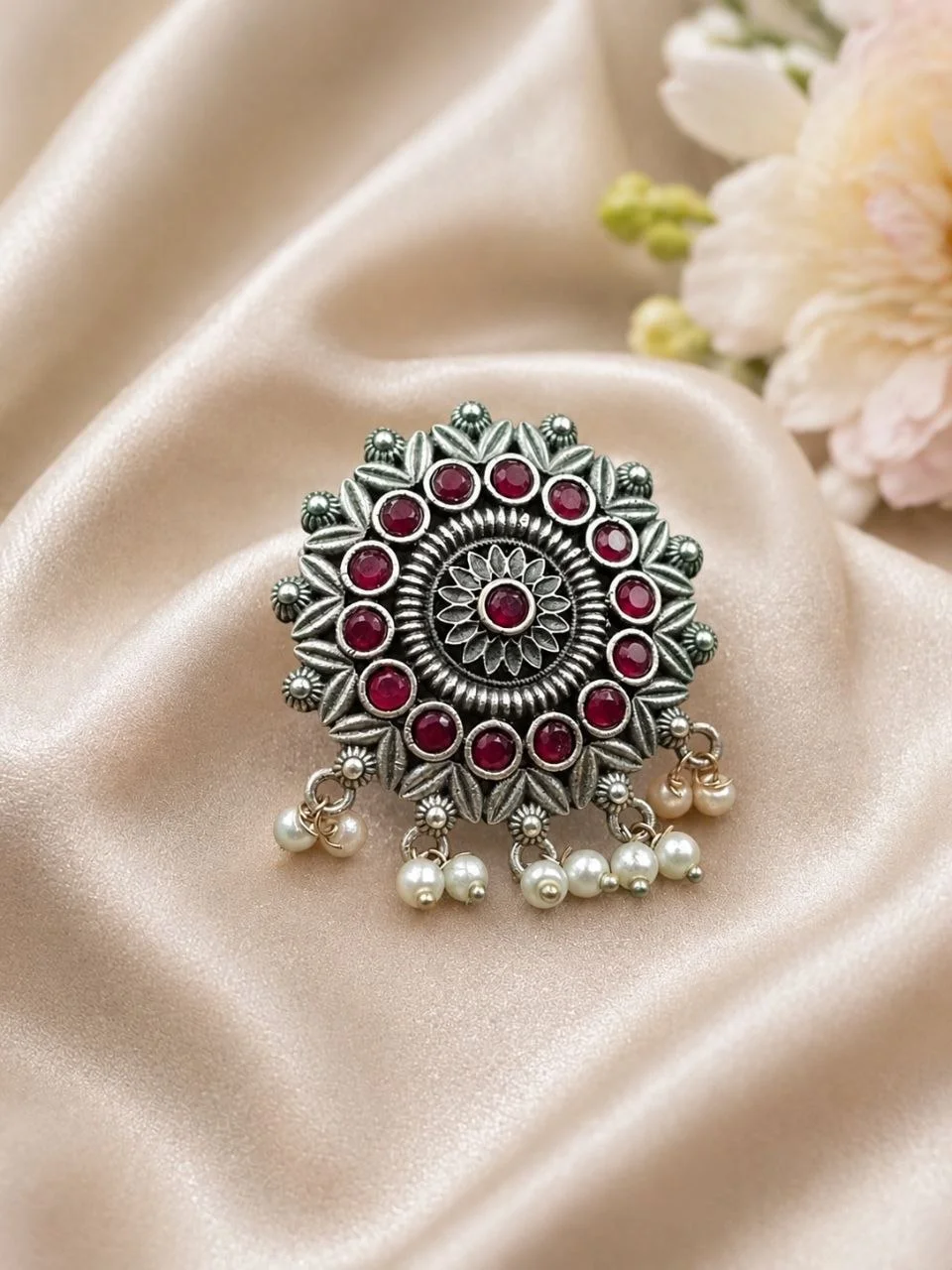 Oxidised Mandala Ring with Blue Stones and Pearls – view 2