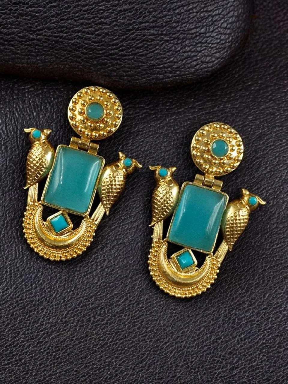 Twin Bird Temple Drop Earrings with Centre Stone