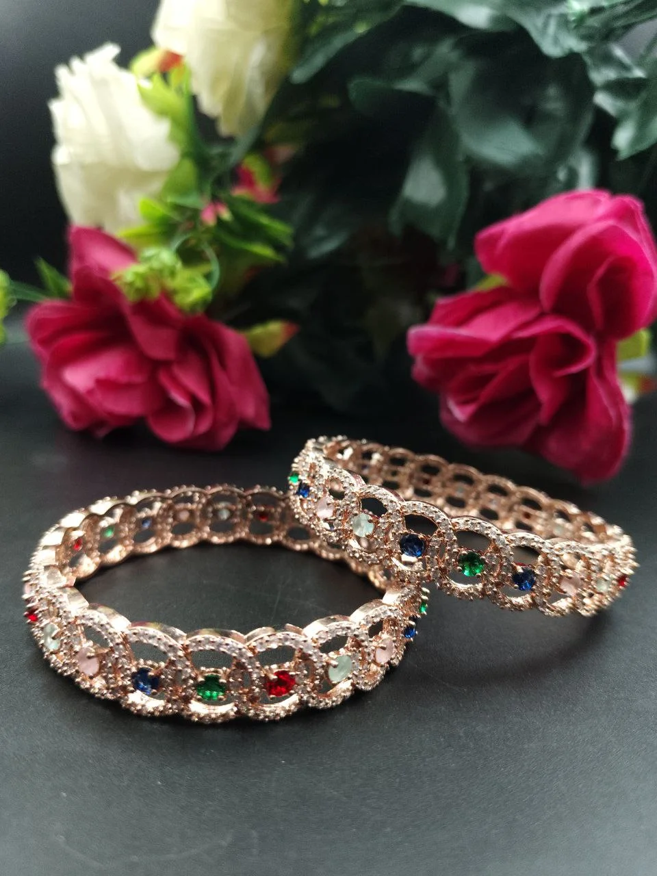 Gold Plated Multicolour CZ Stone Bangle Pair