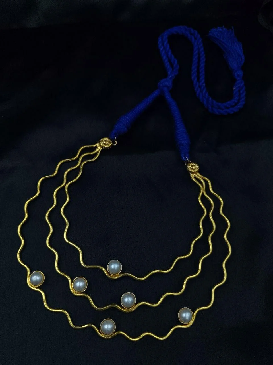 Gold Plated Three Layer Wave Necklace with Pearls