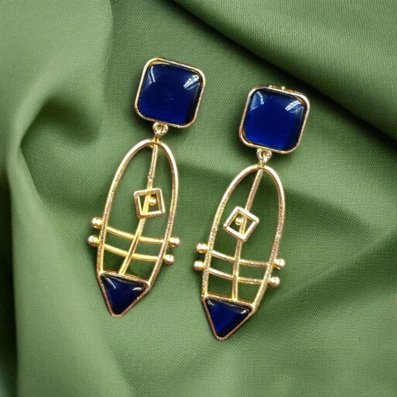 Caged Oval Earrings with Square and Triangle Stones