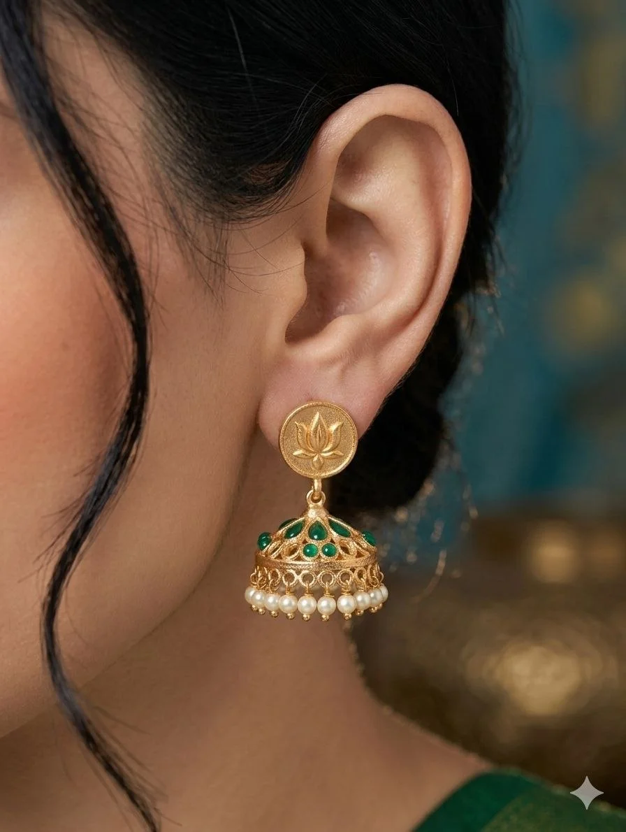 Green Meena Jhumka with Lotus Stud