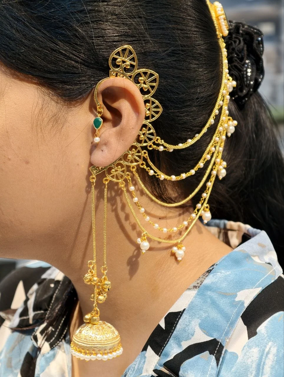 Kashmiri Ear Chain Jhumka with Hair Hook