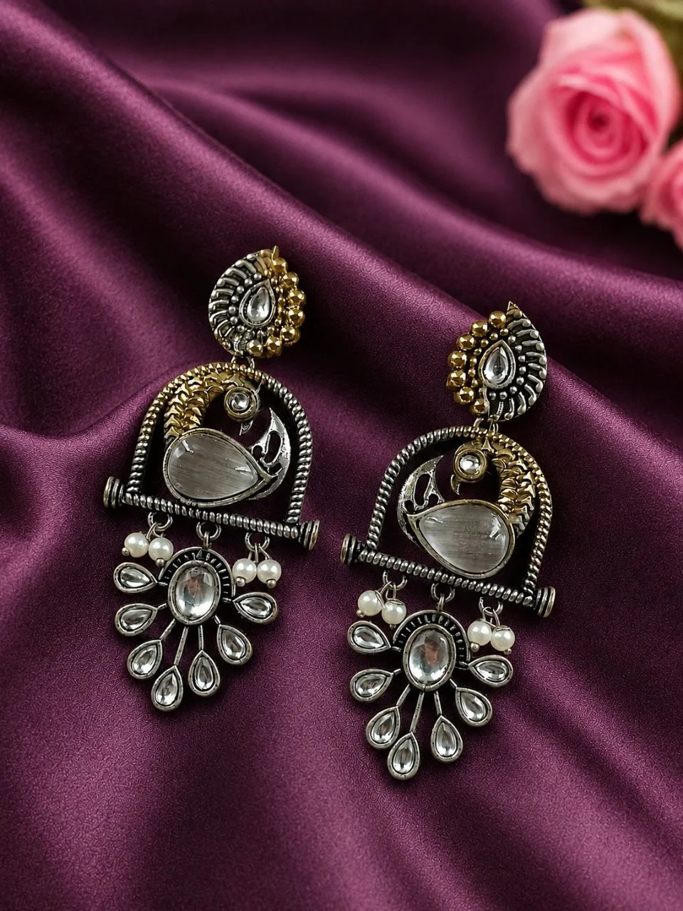 Two-Tone Peacock Arch Earrings with Stone Cluster and Pearls
