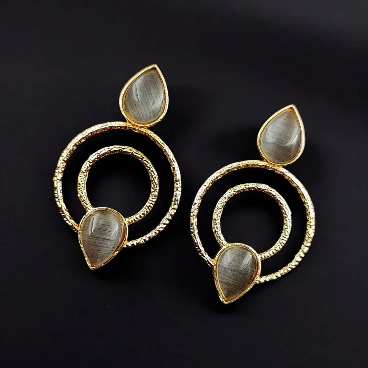 Double Ring Earrings with Teardrop Stones